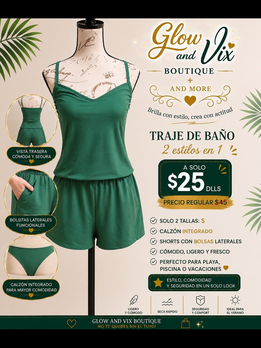 JoyLab Green 2-in-1 Women's Swim Romper